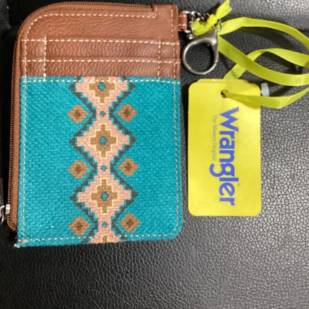 Wrangler Southwest Card Holder Wallet Turquoise Brown Tribal Keychain NWT